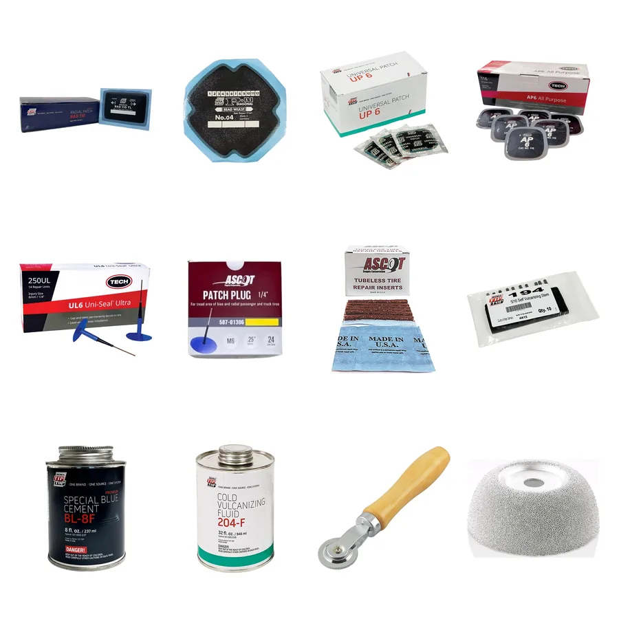 Radial and bias repair units, plug-patches, string plugs, cement, stitcher and buffing stone