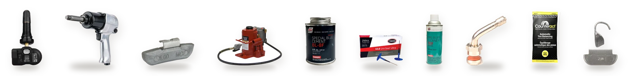 Products we stock, including TPMS sensors, impact wrenches, wheel weights, an air jack, repair cement and patches, pre-buff cleaner, valve stems, balancing beads and mounting lube
