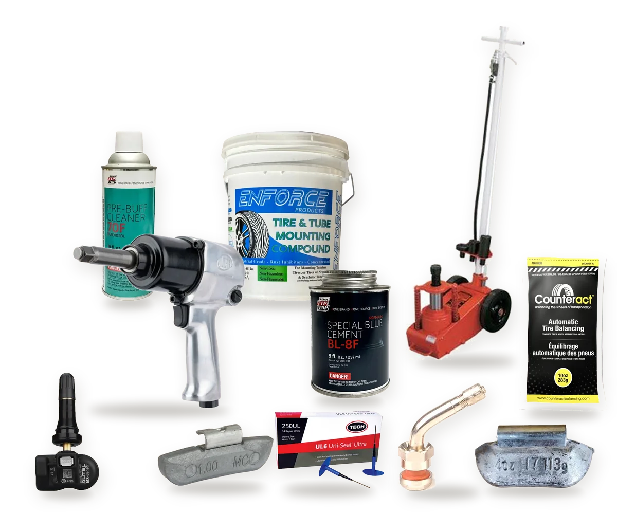 Products we stock, including an impact wrench, axle jack, pre-buff cleaner, mounting compound, repair cement, balancing beads, a TPMS sensor, plug-patches, a valve stem and wheel weights